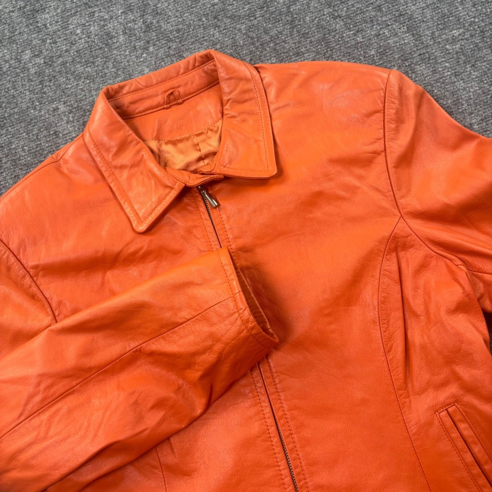 MS Maxima Leather Jacket Size Large Orange Full Zip Collared Moto Women's